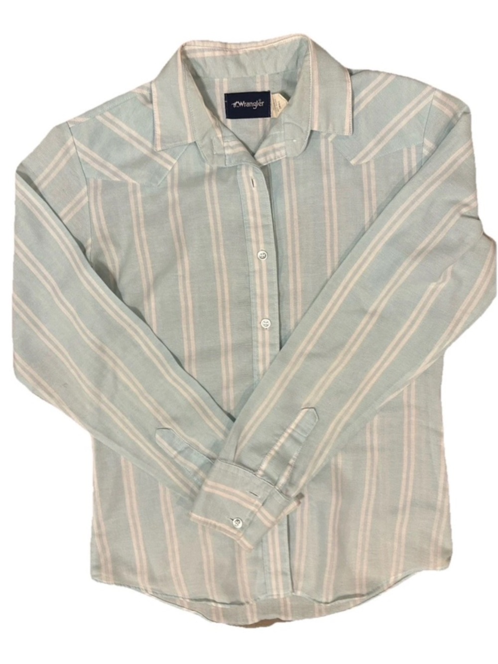 Wrangler Men’s Mint Blue and White Striped Button-Down Shirt Vintage USA Made